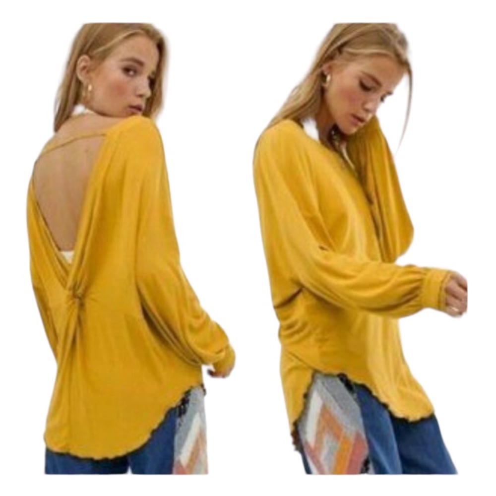 Free People Untamed Gold Yellow Shimmy Shake Oversized Ribbed Top NEW SIZE SMALL